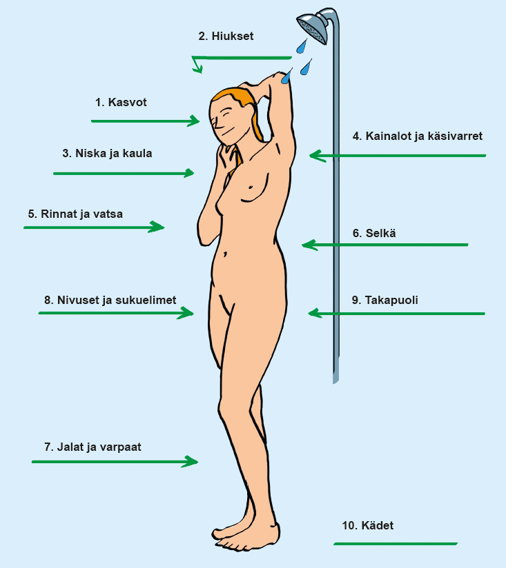 Kuvassa esitellään peseytymisjärjestys: 1. kasvot, 2. hiukset, 3. niska ja kaula, 4. kainalot ja käsivarret, 5. rinta ja vatsa, 6. selkä, 7. jalat ja varpaat, 8. nivuset ja sukuelimet, 9. takapuoli ja 10. kädet.